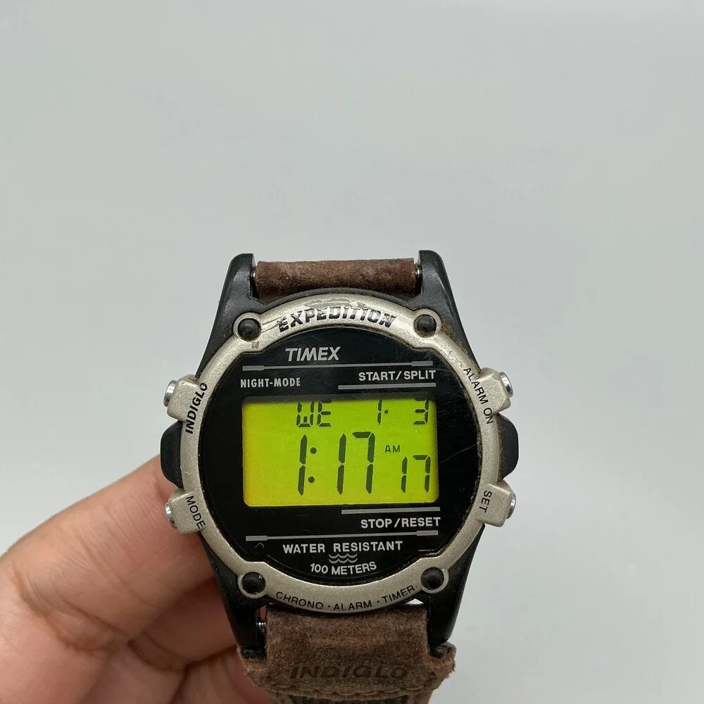 Vintage Timex Expedition Mens Watch 40mm Green Digital Indiglo 100M New Battery